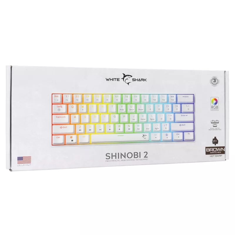 Teclado mecânico White Shark Shinobi-2 Brown Switch layout US — design compacto, switches Brown