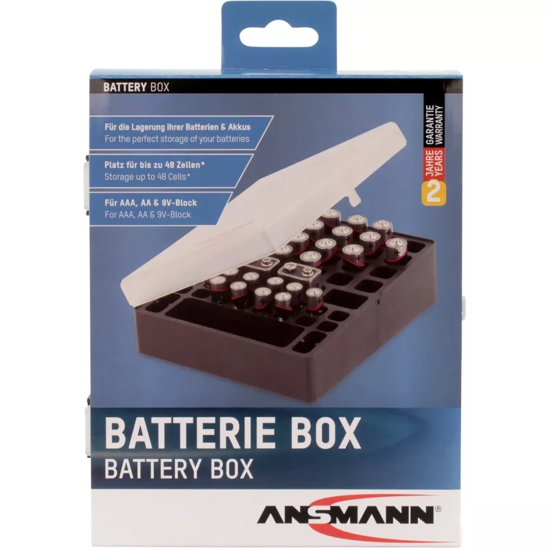 Ansmann Battery Box 48 Caixa de pilhas para 24x AA, 16x AAA e 4x 9V, Preto/Transparente