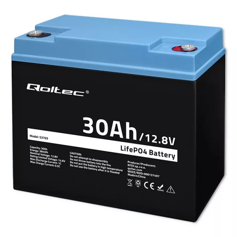 Bateria recarregável LiFePO4 QOLTEC 12,8V 30Ah 384Wh com BMS