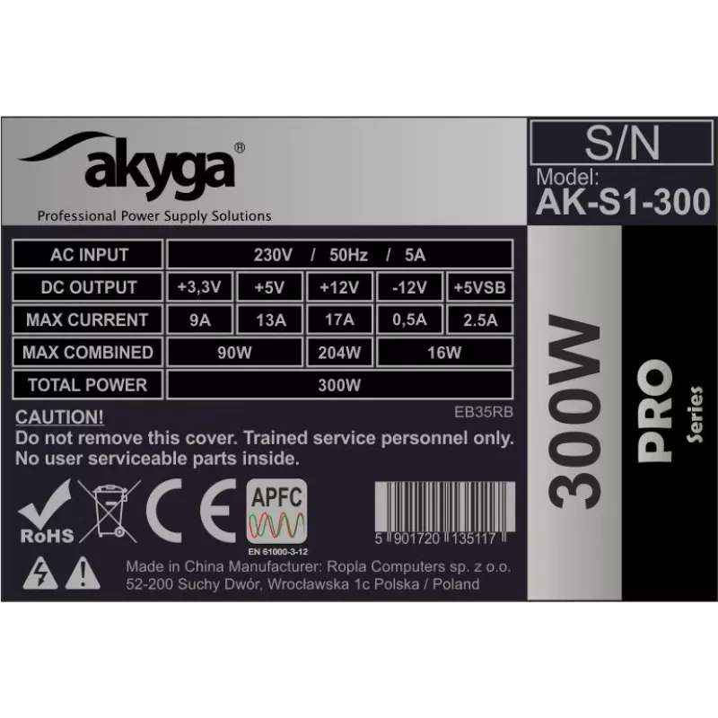 Fonte de alimentação SFX Akyga AK-S1-300 300 W, PFC passivo, ventoinha de 80 mm, preto