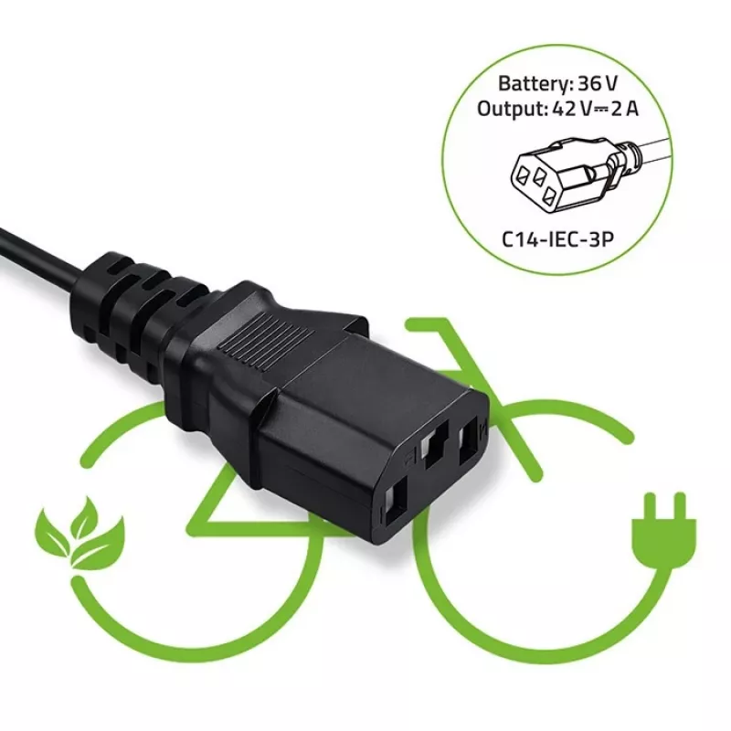 Carregador QOLTEC 36V–42V 2A com conector C14-IE de 3 polos para baterias de e-bike