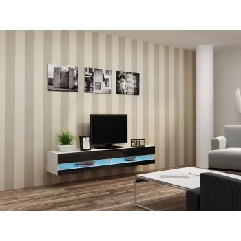 Suporte de TV Cama Meble VIGO NEW 30/180/40, tampo branco, estrutura preta brilhante, 1800×400×300 mm
