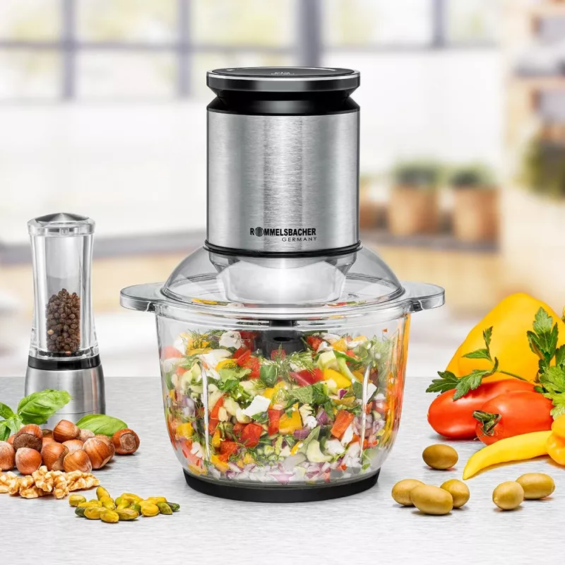 Picadora elétrica Rommelsbacher MZ 600 — taça de vidro de 2 L, 600 W, caixa em aço inoxidável, 22 velocidades, 6 lâminas
