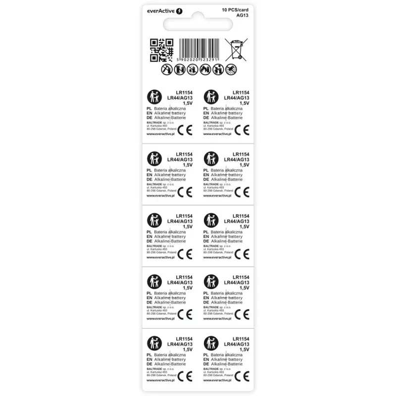 Pilha botão alcalina everActive AG13 (LR44) — pack de 10