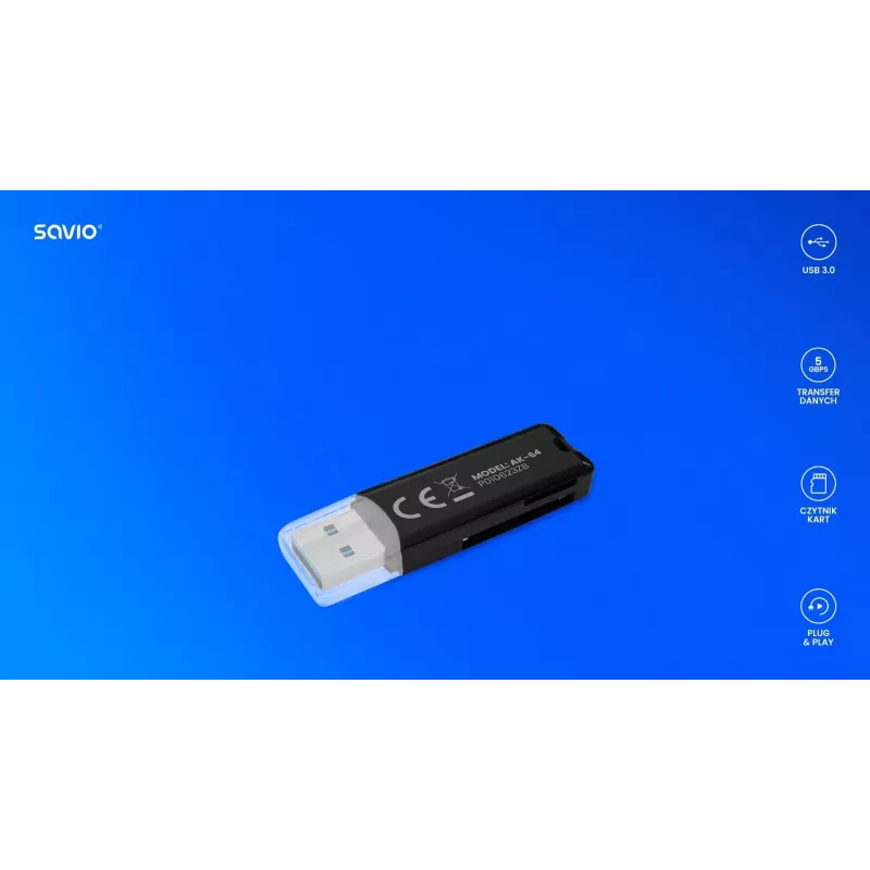 Leitor de cartões SAVIO AK-64 USB 3.2 Gen 1 saída tipo A, ranhura MicroSD, 5000 Mbit/s, preto