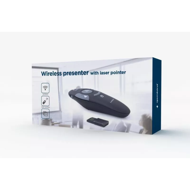 Apresentador sem fios IR GEMBIRD WP-L-11, 4 botões, recetor USB RF 2,4 GHz, preto, pilha AAA