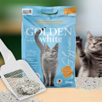 Areia para gatos Golden Grey 14 kg bentonite aglomerante, aroma de lavanda, sem pó, não aderente