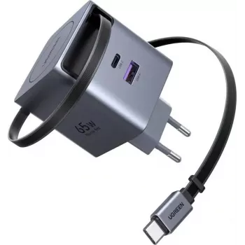 UGREEN X615 carregador rápido GaN 65W com 1x USB-C, 1x USB-A e cabo retrátil (modelo 65825)