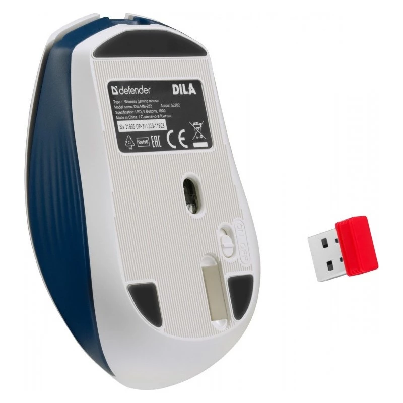 Rato gaming sem fios DEFENDER MM-282 RF — ambidestro, ótico 1800 DPI, 5 botões, USB, alimentado por pilhas
