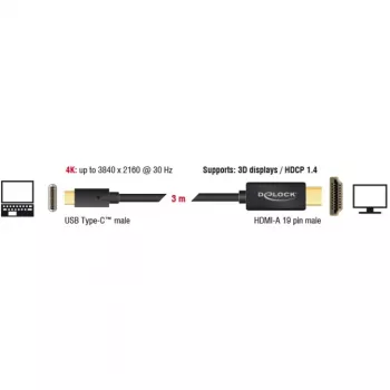 Adaptador de cabo de vídeo DeLOCK 85260 USB Type-C HDMI 3 m preto