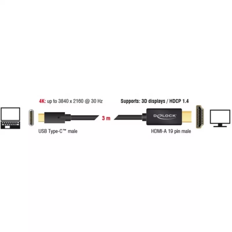 Adaptador de cabo de vídeo DeLOCK 85260 USB Type-C HDMI 3 m preto