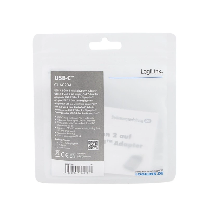 Adaptador LogiLink CUA0204 USB-C para DisplayPort preto cinzento