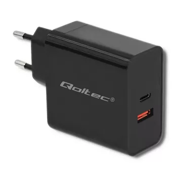 Qoltec 51716 carregador de parede 63 W, USB-C PD + USB QC 3.0, 5-20 V 1,5-3 A, preto