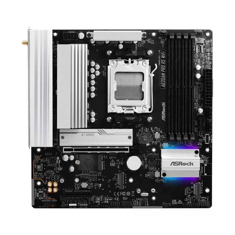 Placa-mãe ASROCK A620AM PRO RS WIFI AM5 microATX, AMD A620, 4×DDR5, Wi‑Fi, HDMI, DP, 3×M.2, 2×SATA, áudio 7.1, LAN 1Gb