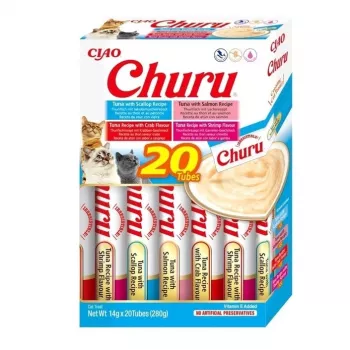 Snack de comida húmida para gatos INABA Churu 20 x 14 g – tubos de mousse com sabor a atum e frutos do mar