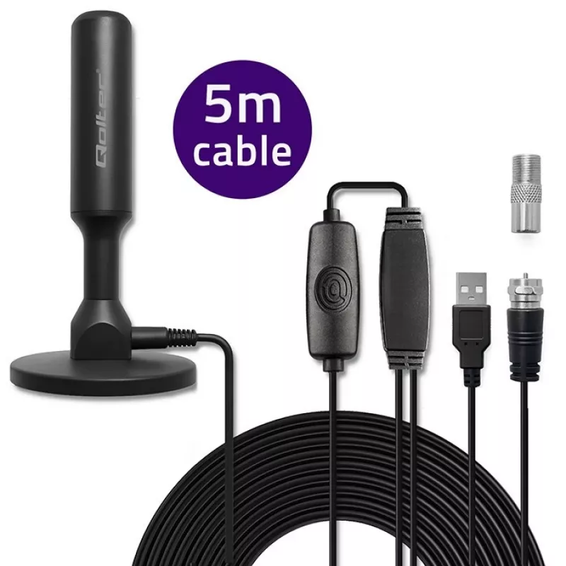 Antena de TV QOLTEC DVB-T2 28 dBi com amplificador de sinal, receção interior/exterior