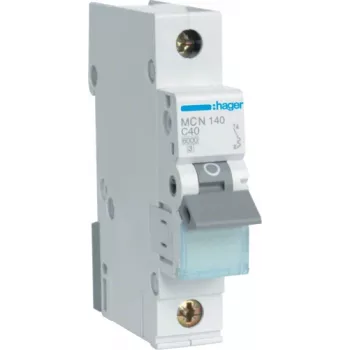 Hager MCN140. Corrente nominal: 40 A. Tipo: característica C, número de módulos (máx.): 1 módulo(s). Largura: 17,5 mm, profundidade: 70 mm, altura: 83 mm (MCN140)