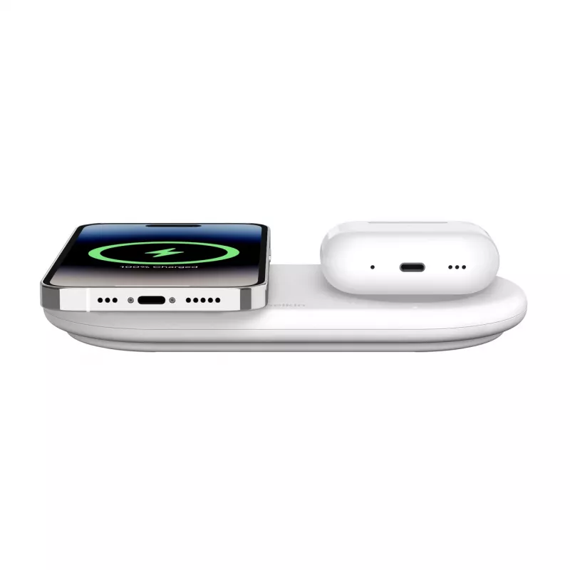 Belkin WIZ021VFWH - base de carregamento sem fios 2 em 1 com tecnologia Qi2 15 W, branco