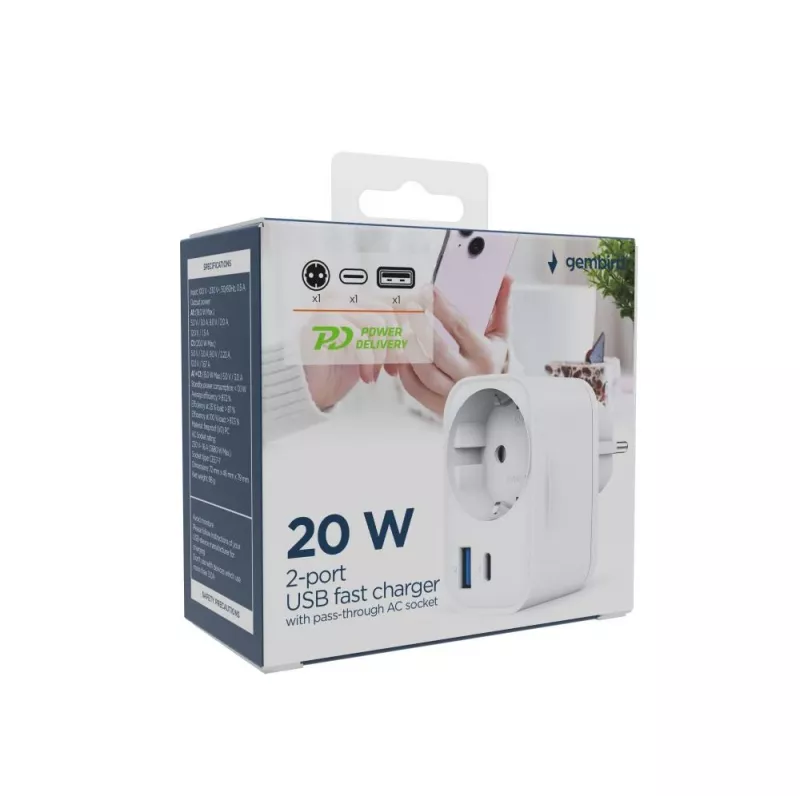 carregador USB universal 20W branco/2P AC TA-ACPDQC20-01-W GEMBIRD