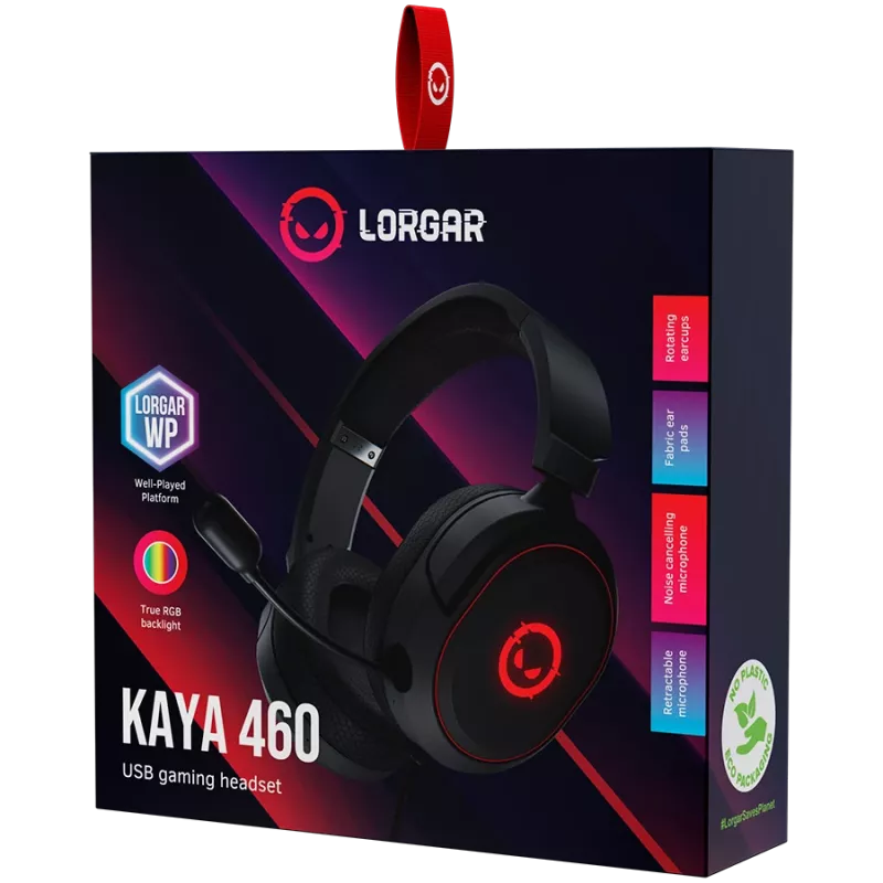 LORGAR Kaya 460, headset gaming USB com microfone, CM108B, iluminação RGB, Plug&Play, cabo de ligação USB-A 2m, almofadas de tecido, tamanho: 192*184,7*88mm, 0,329kg, preto