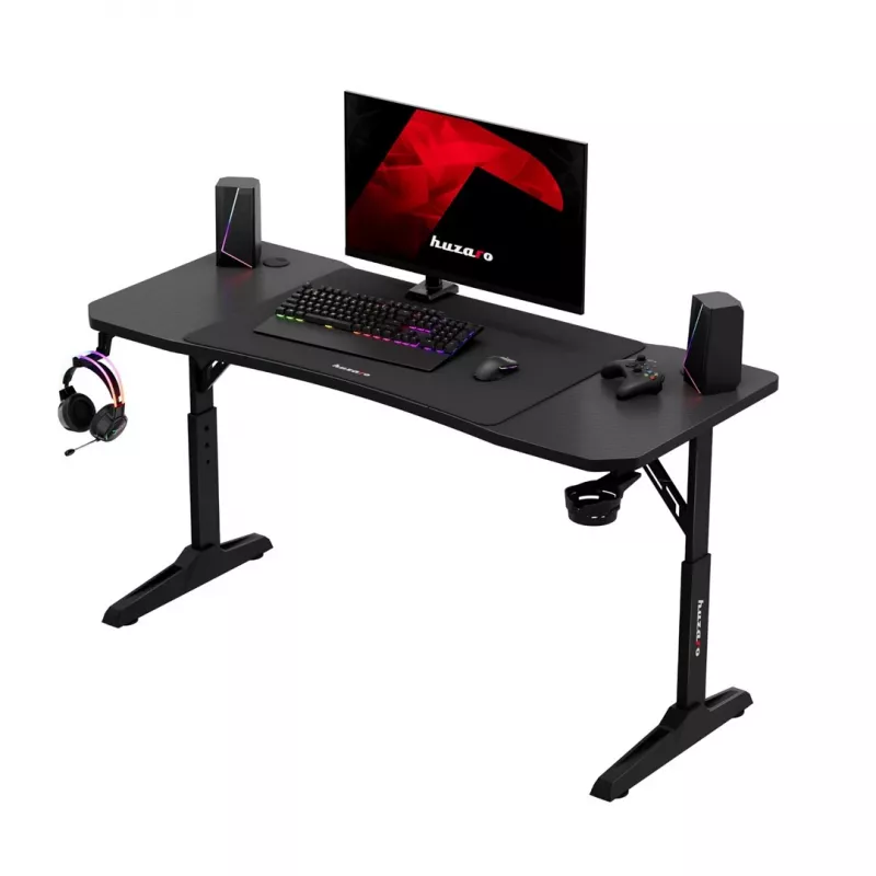 Secretária gaming huzaro Hero 3.6 — retangular 1400×600 mm, altura ajustável 560–790 mm, preto, pernas em H, tampo de 15 mm
