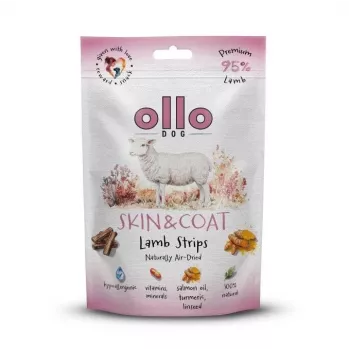 Snack para cães OLLO Air-Dried Skin & Coat Lamb Strips 80 g — tiras de borrego secas ao ar hipoalergénicas para apoiar a pele e o pelo
