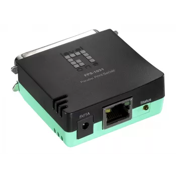 Servidor de impressão paralelo LevelOne, preto, verde, atividade, link, energia, estado, Taiwan, Ethernet LAN, IEEE 802.3, IEEE 802.3u, 10,100 Mbit/s