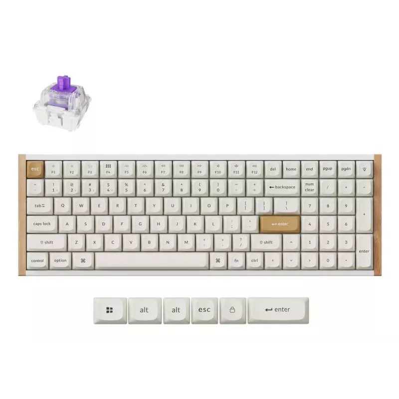 Teclado mecânico Keychron K4 HE 96% QWERTY — USB, RF Wireless e Bluetooth, 100 teclas, RGB, branco/madeira