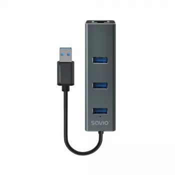 Hub USB-A SAVIO com RJ-45 Gigabit Ethernet AK-57 — 3× USB-A + RJ-45, USB 3.2 Gen 1 Micro‑B host, 5 Gbit/s, 4 portas, cinzento