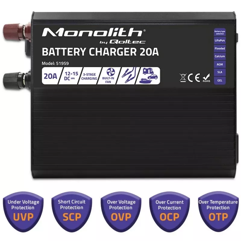 Carregador QOLTEC Monolith 20 A 12 V para baterias LiFePO4, AGM, GEL, SLA