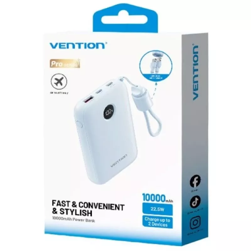 Powerbank Vention 10000mAh 22,5W — 2× USB‑C, 1× USB‑A, azul