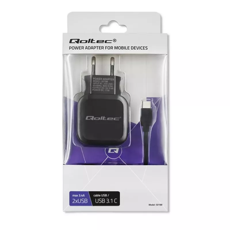 Carregador Qoltec 50188 para dispositivos móveis portátil, smartphone, smartwatch, tablet, telefone, universal preto AC, DC interior