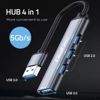 Hub USB QOLTEC 53793 — entrada USB 3.0, 3× portas USB 2.0