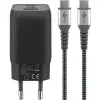 Carregador rápido USB-C Nano, PD, GaN, 65 Watt, cabo trançado USB-C (preto, 1x USB-A, 2x USB-C PD, Quick Charge 3.0, cabo de 1 metro)