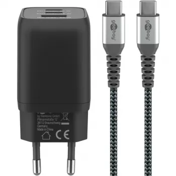 Carregador rápido USB-C Nano, PD, GaN, 65 Watt, cabo trançado USB-C (preto, 1x USB-A, 2x USB-C PD, Quick Charge 3.0, cabo de 1 metro)