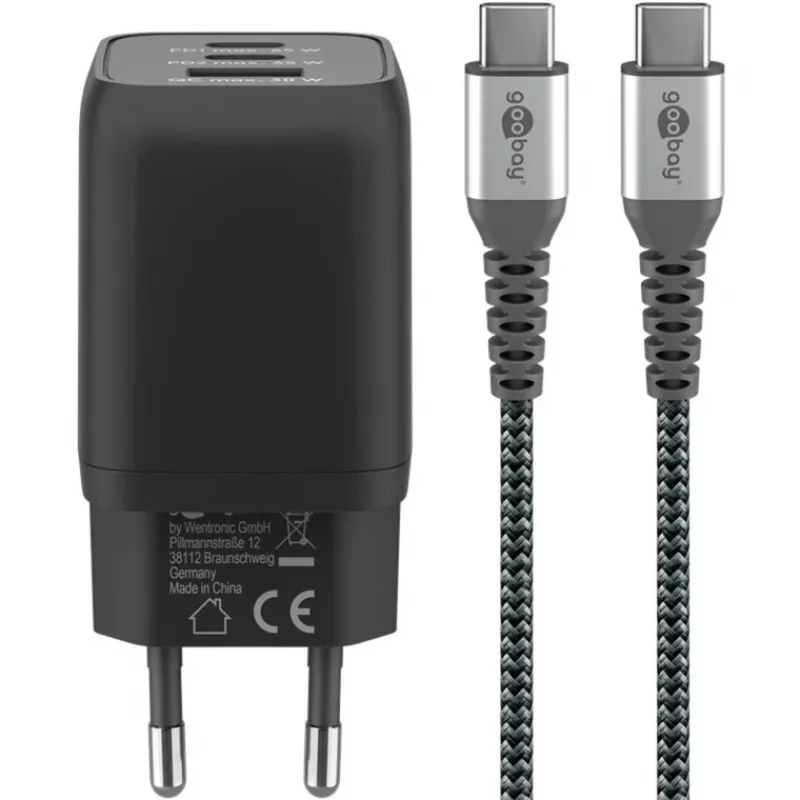 Carregador rápido USB-C Nano, PD, GaN, 65 Watt, cabo trançado USB-C (preto, 1x USB-A, 2x USB-C PD, Quick Charge 3.0, cabo de 1 metro)
