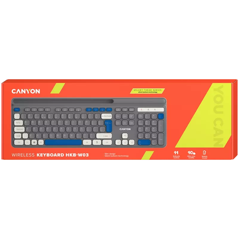 Teclado sem fios CANYON HKB-W03 cinzento – design compacto, alimentado por pilhas AAA, modelo CNS-HKBW03DG