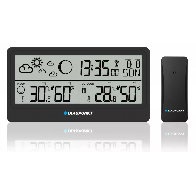 Estação meteorológica BLAUPUNKT WS20BK — visor de temperatura e humidade interior/exterior, preto, 1 sensor, LCD, a pilhas
