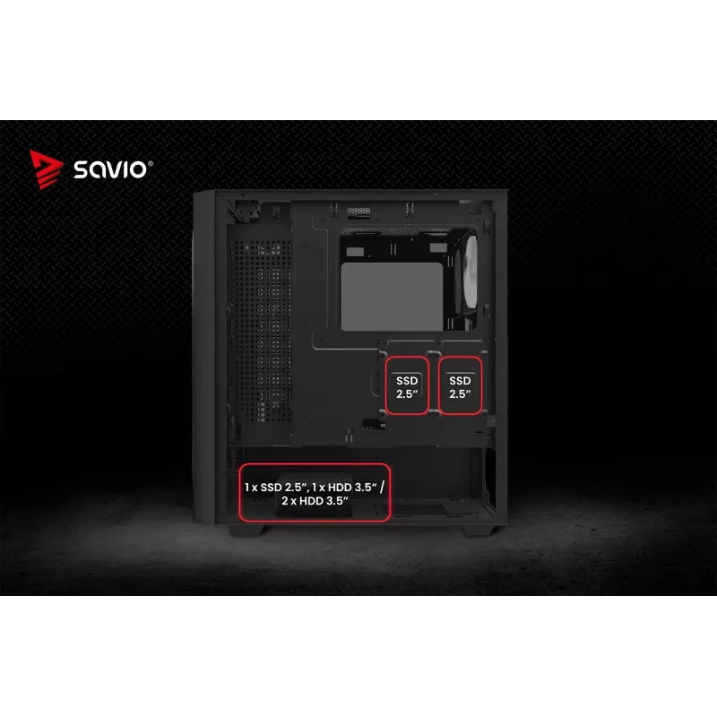 Caixa de PC SAVIO Noctis Flow — Cube Mini-ITX/Micro-ATX/ATX, 3x120 mm à frente, 1x120 mm atrás, 2x3,5 polegadas + 3x2,5 polegadas baías, vidro temperado