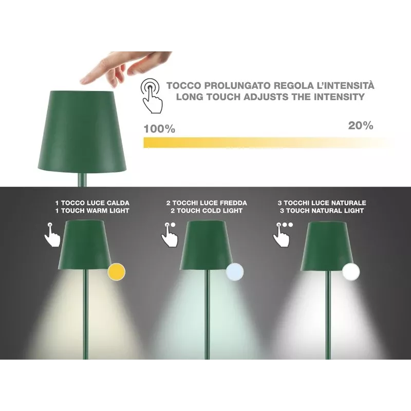 Beper P201UTP115 candeeiro de mesa LED recarregável, 1,5 W, interruptor tátil, regulável, adaptador para garrafa de 33 mm, resistente à água, verde