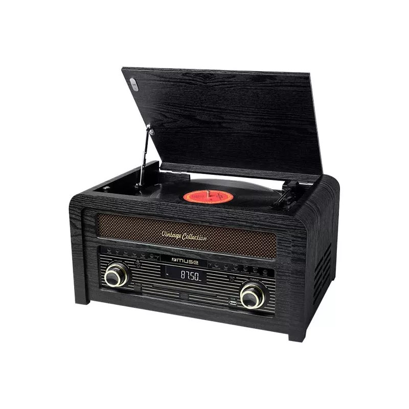 Gira-discos muse MT-115 W — preto/dourado, 33-45-78 rpm, braço de leitura em J, botão de volume, 240V AC