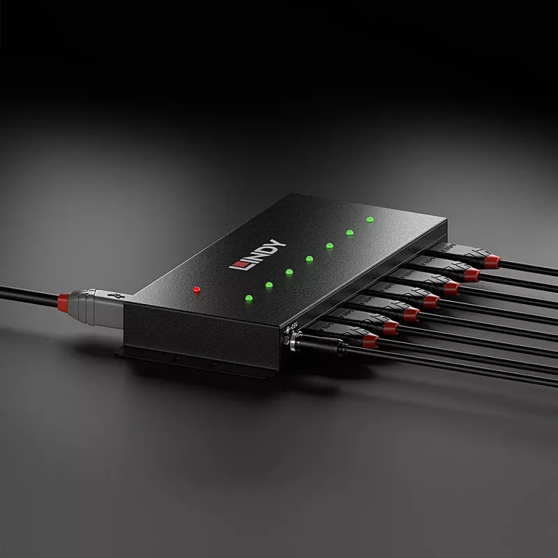 Hub USB 3.0 Lindy 7 portas metal, USB 3.2 Gen 1 (3.1 Gen 1) Type-A, 5000 Mbit/s, preto, 0,8 m, 185 mm, 75 mm