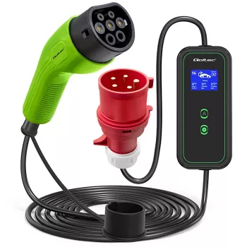 Carregador móvel para carro elétrico Qoltec ajustável 2em1 Type2 | 11kW | CEE 5 PIN | LCD | 3 fases | portátil | wallbox | 5m