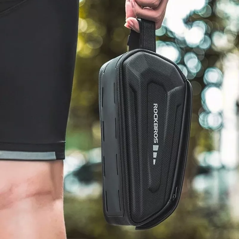 Bolsa de quadro de bicicleta Rockbros modelo com capacidade de 1,7 l, compartimento para telefone, preto