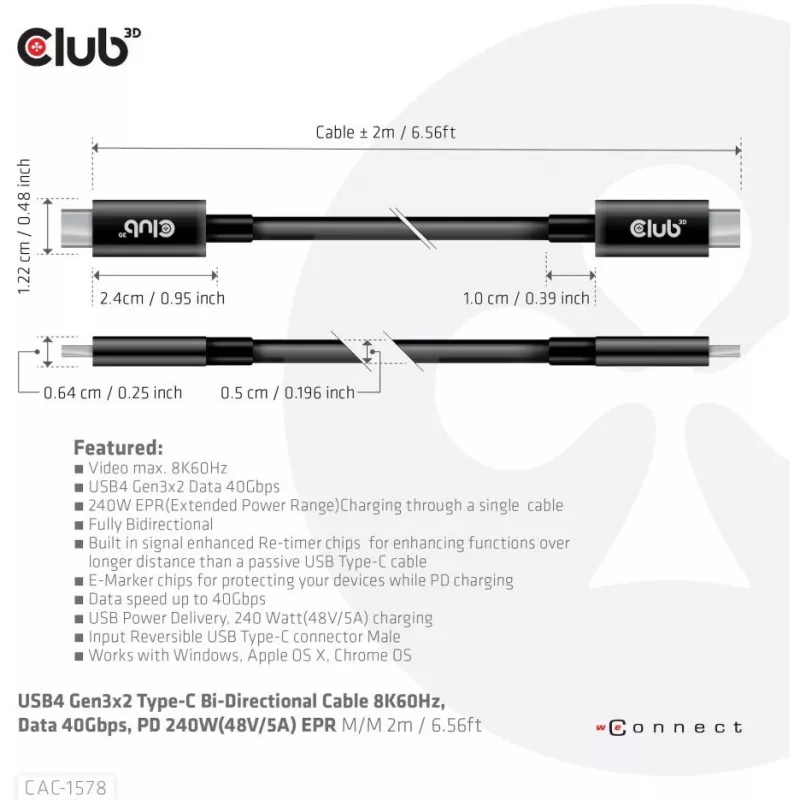 CLUB3D Cabo bidirecional USB4 Gen3x2 Type-C 8K60Hz, Dados 40Gbps, PD 240W(48V/5A) EPR M/M 2m / 6.56ft
