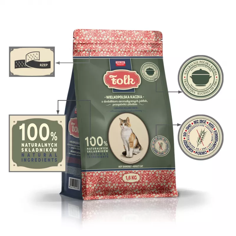 FOLK pato da Grande Polónia com maçãs, codorniz e arenque - comida seca para gatos - 1,6 kg
