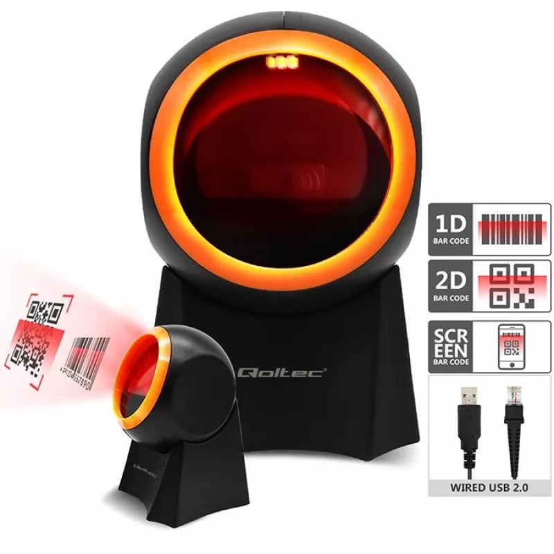 Qoltec 50857 leitor de códigos de barras de secretária com fio, 1D/2D, QR, USB, cabo de 1,75 m