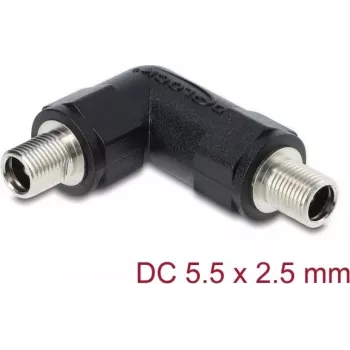Adaptador de ficha oca DC DELOCK 5,5 x 2,5 mm fêmea para fêmea com bainha roscada, 90° angular, preto