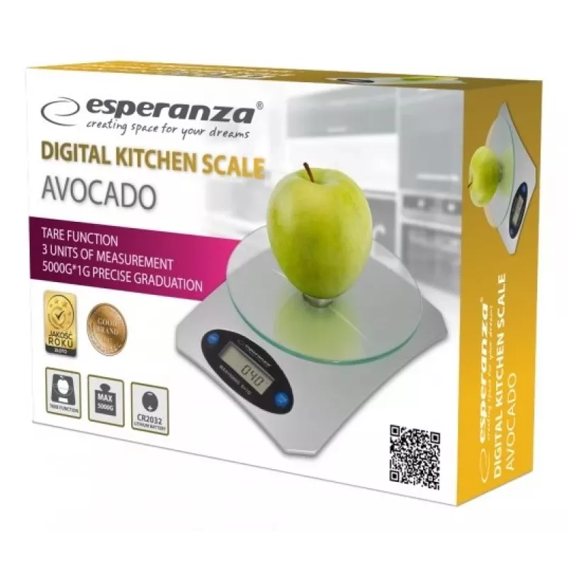 Balança de cozinha eletrónica ESPERANZA Avocado cinzento — capacidade de 5 kg, plataforma de bambu, unidades g/lb/oz