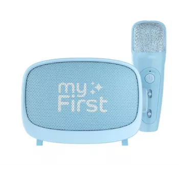 Altifalante portátil para crianças myFirst Voice 2 da myFirst — azul, altifalante sem fios a pilhas com suporte para microfone